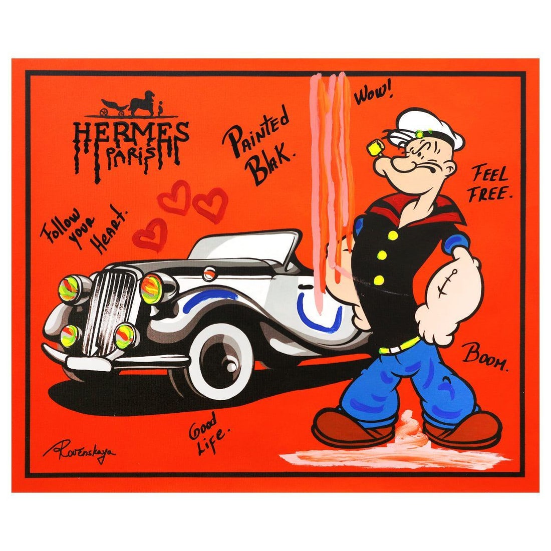 Nastya Rovenskaya- Mixed Media "Classic Ride": Artist: Nastya Rovenskaya. Medium: Mixed Media. Title: Classic Ride. Size: 24" x 30". Signature: Hand Signed. Certificate of Authenticity: Is included. Reference#: 44464.