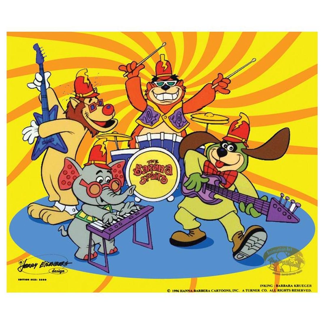 Tra La La Limited Edition Sericel featuring The Banana Splits from Hanna-Barbera. Includes: Tra La La is a limited edition sericel featuring The Banana Splits: Fleegle, Bingo, Drooper and Snorky! This retro-inspired sericel is accompanied by a high quality giclee background and includes a Ce
