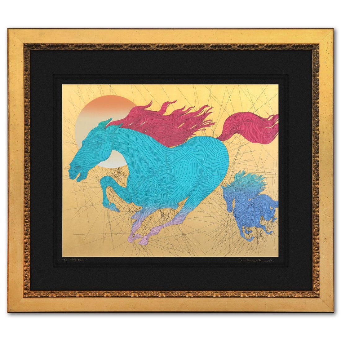 Azoulay- Limited Edition Gold Leaf Serigraph "Equus": Artist: Azoulay. Medium: Limited Edition Gold Leaf Serigraph. Title: Equus. Size: 27" x 34". Measures approx. 44" x 51" (framed). Signature: Hand Signed and Numbered. Reference#: 74552.