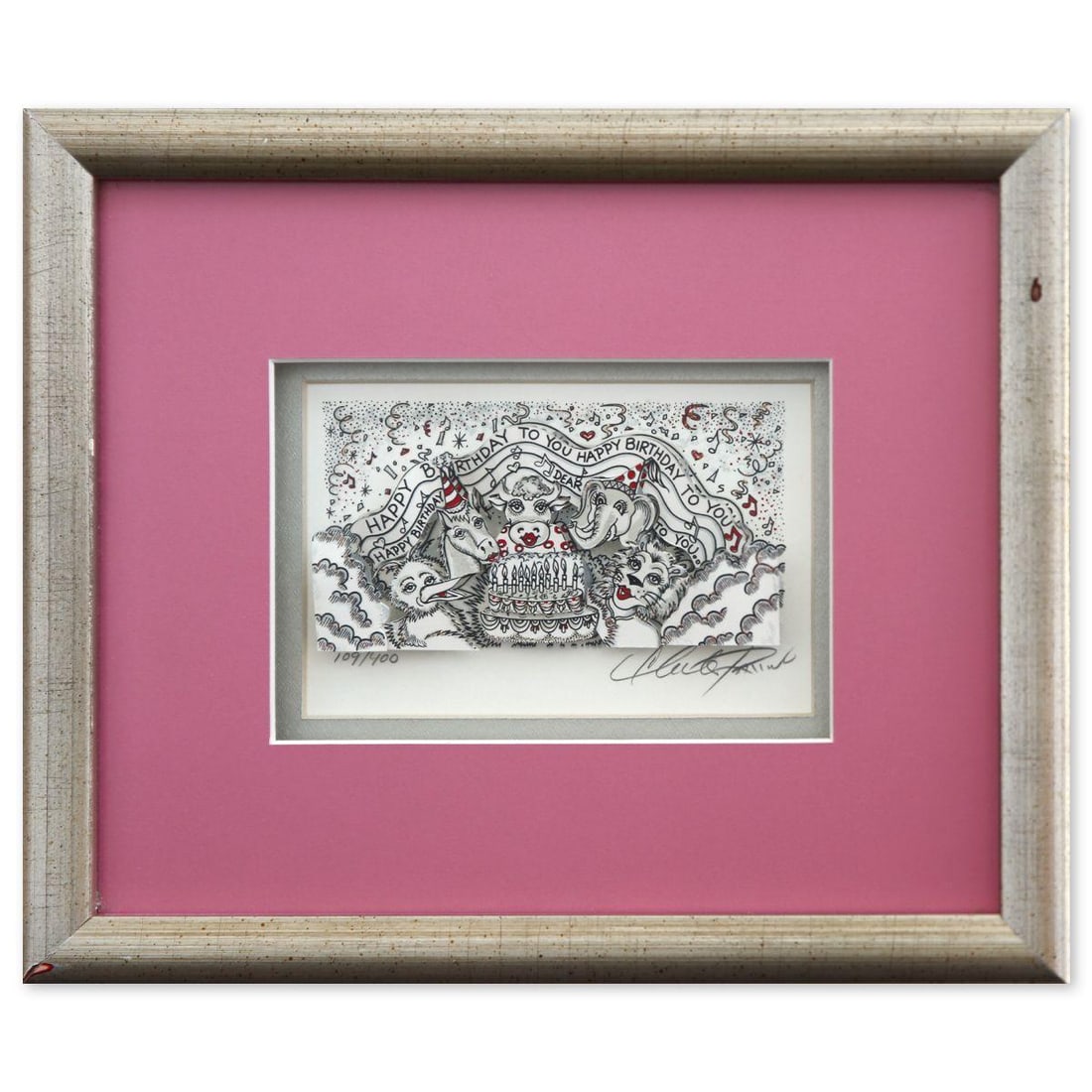 Charles Fazzino- 3D Construction Silkscreen Serigraph "Happy birthday": Artist: Charles Fazzino. Medium: 3D Construction Silkscreen Serigraph. Title: Happy birthday. Size: 4" x 6". Measures approx. 9" x 11" (framed). Signature: Hand Signed and numbered. Certificate of