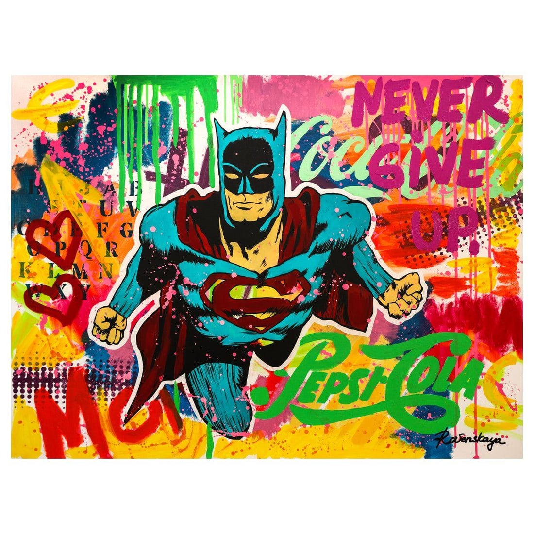 Nastya Rovenskaya- Mixed Media "Superhero": Artist: Nastya Rovenskaya. Medium: Mixed Media. Title: Superhero. Size: 30" x 40". Signature: Hand Signed. Certificate of Authenticity: Is included. Reference#: 44347.