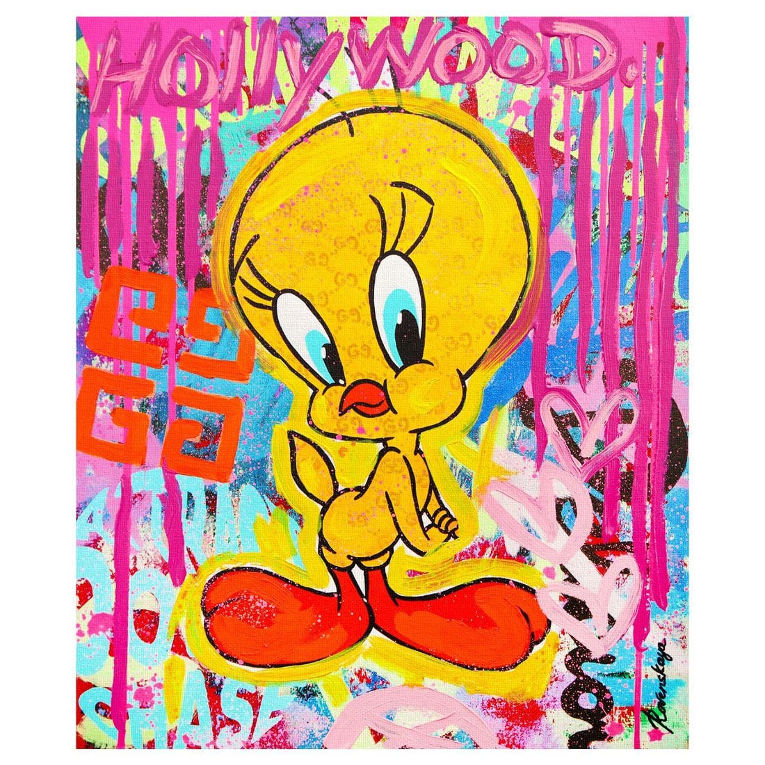 Nastya Rovenskaya- Mixed Media on Canvas "Tweety the Untamed": Artist: Nastya Rovenskaya. Medium: Mixed Media on Canvas. Title: Tweety the Untamed. Size: 24" x 20". Signature: Hand Signed. Certificate of Authenticity: Is included. Reference#: 30219.