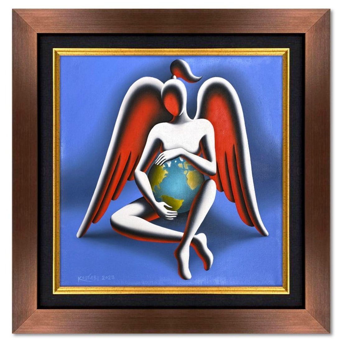 Mark Kostabi, "Heavenly Embrace" Framed Original Oil Painting on Canvas, Hand Signed with COA: Heavenly Embrace is an original oil painting on canvas by Mark Kostabi, hand signed by the artist. This piece comes custom framed. Includes Certificate of Authenticity. Measures approx. 30" x 29.5"