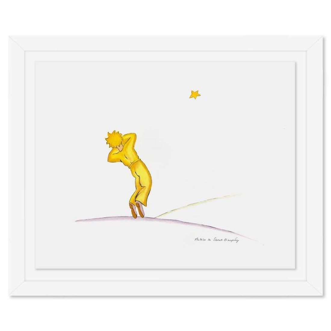 Antoine de Saint-Exupery 1900-1944 (After), "The Little Prince Falling Asleep" Framed Limited: The Little Prince Falling Asleep is a limited edition lithograph by Antoine de Saint-Exupery (1900-1944), bearing the plate signature of the artist. This piece comes from an edition of 300 authorized