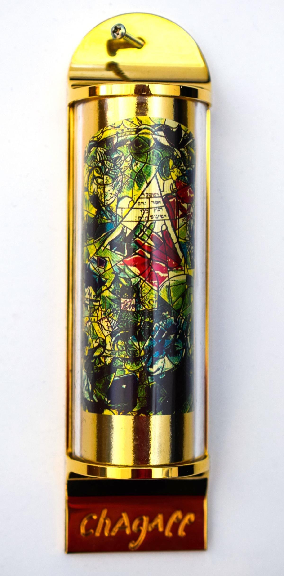 Marc Chagall- Mezuzah - silkscreen on 24K gold plated bronze "12 Tribes Hadassah Windows - Issachar": Artist: Marc Chagall. Medium: Mezuzah - silkscreen on 24K gold plated bronze. Title: 12 Tribes Hadassah Windows - Issachar. Size: 5" x 1.5". Reference#: 15771.