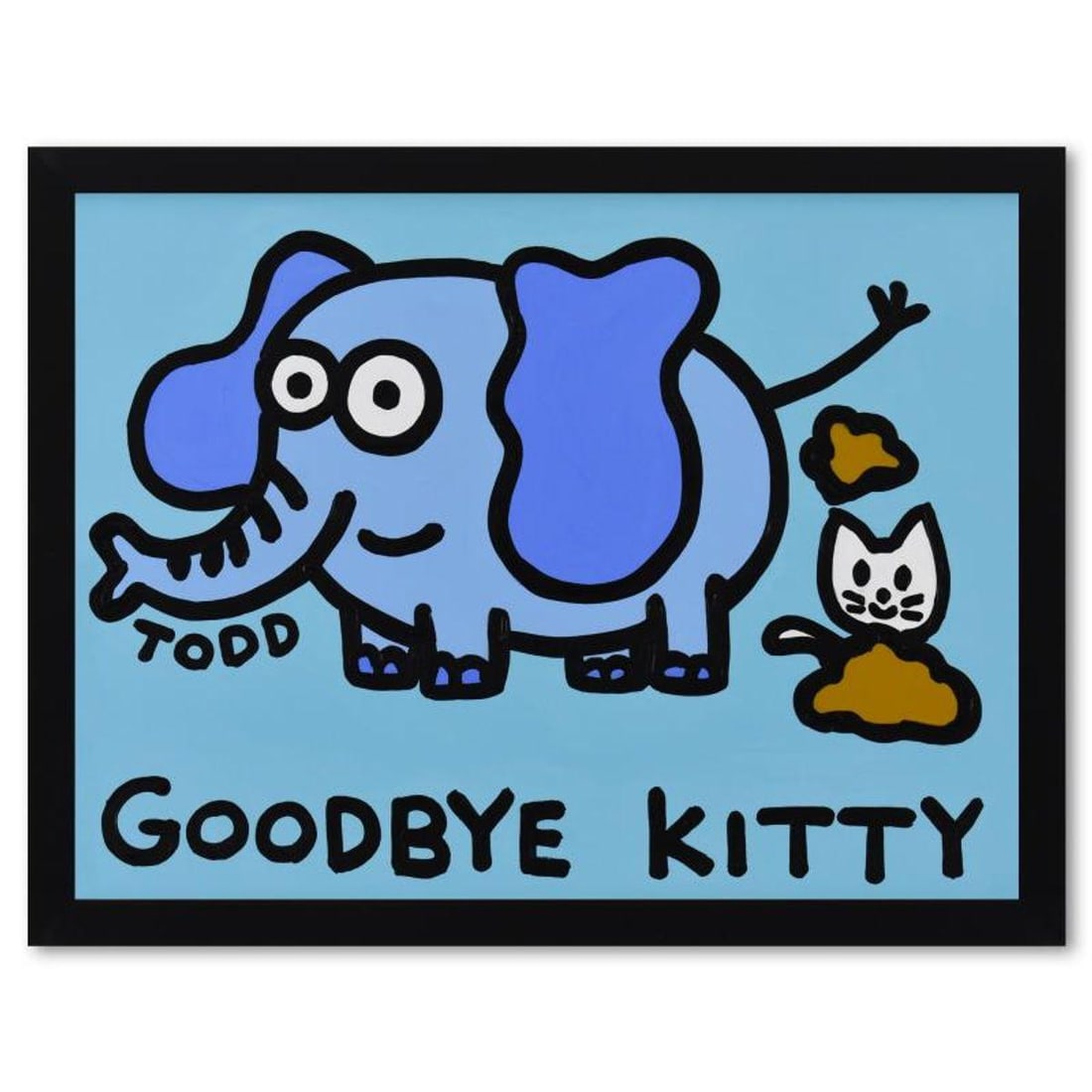 Todd Goldman, "Goodbye Kitty" Framed Original Acrylic Painting on Canvas, Hand Signed with Letter of: Goodbye Kitty is an original acrylic painting on canvas, hand signed by Todd Goldman. This piece comes framed. Includes Letter of Authenticity. Measures approx. 26" x 20" (frame), 23.5" x 17.5" (image