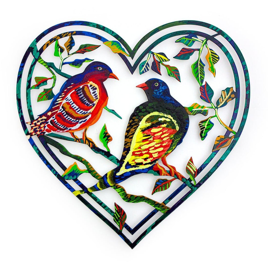 Patricia Govezensky- Original Painting on Laser Cut Steel "Love Birds": Artist: Patricia Govezensky. Medium: Original Painting on Laser Cut Steel. Title: Love Birds. Size: 16" x 16". Signature: Hand signed by the artist. Certificate of Authenticity: From the publisher. Re