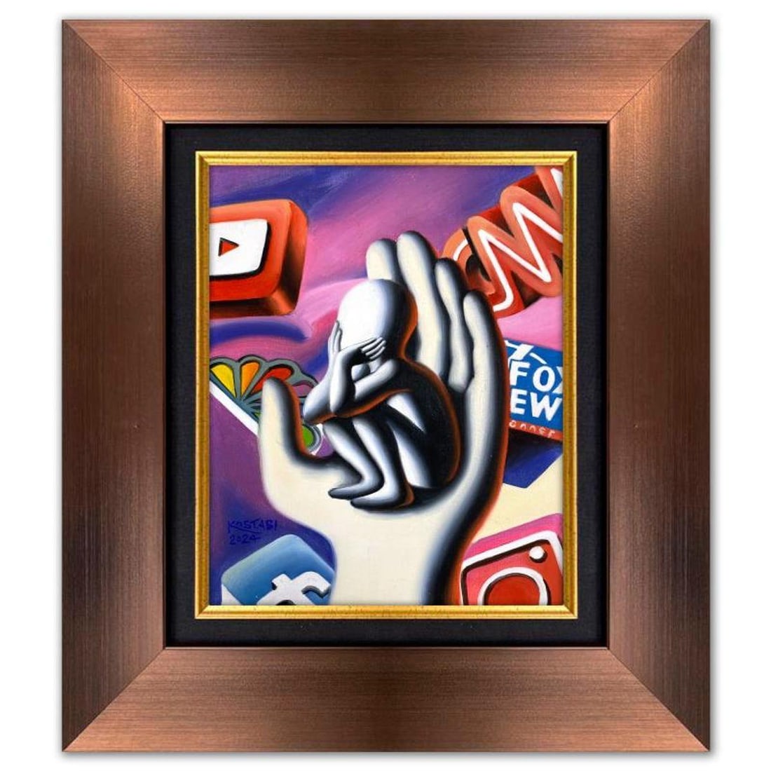Mark Kostabi, "Sheiled Innocence" Framed Original Oil Painting on Canvas, Hand Signed with a: Sheiled Innocence is an original oil painting on canvas by Mark Kostabi, hand signed by the artist. This piece comes custom framed. Includes Certificate of Authenticity. Measures approx. 22.5" x 20"