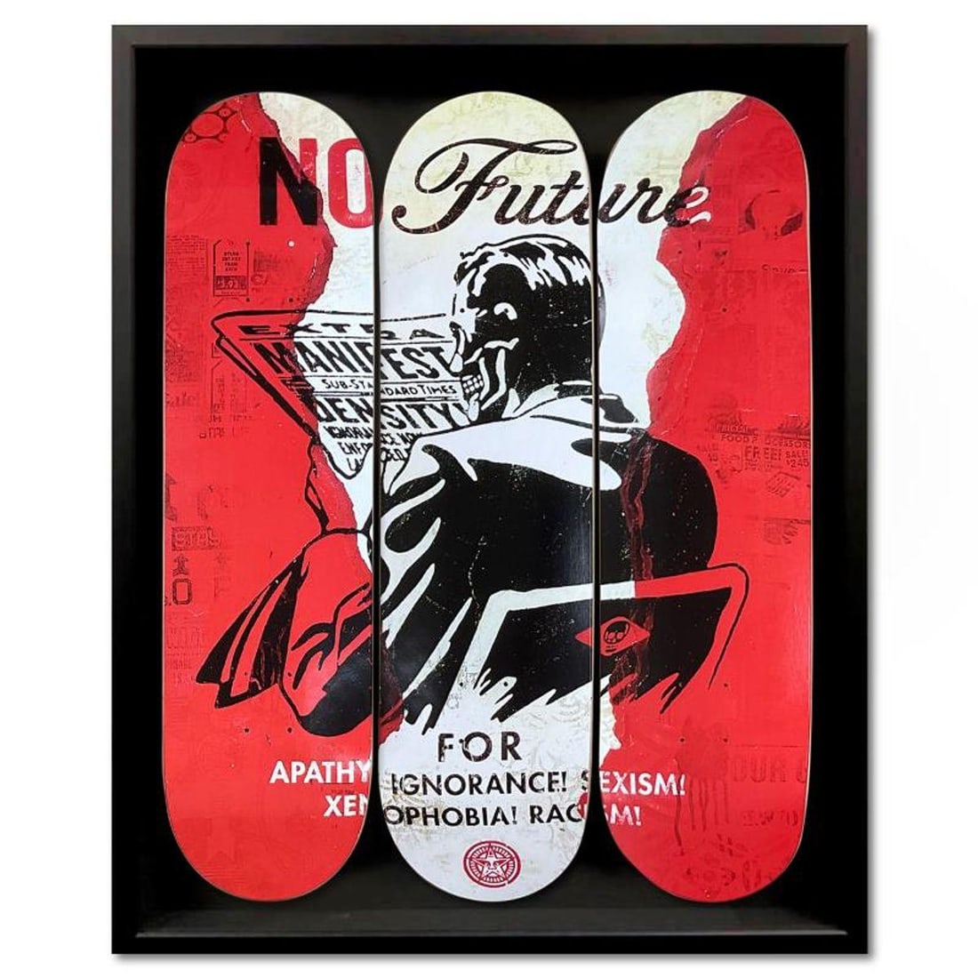 Shepard Fairey, "No Future" Framed Limited Edition Skateboard Triptych, Plate Signed with Letter of: No Future is a limited edition skateboard triptych by Shepard Fairey, bearing the plate signature of the artist inverso. This triptych comes custom framed. Includes Letter of Authenticity. Measures ap