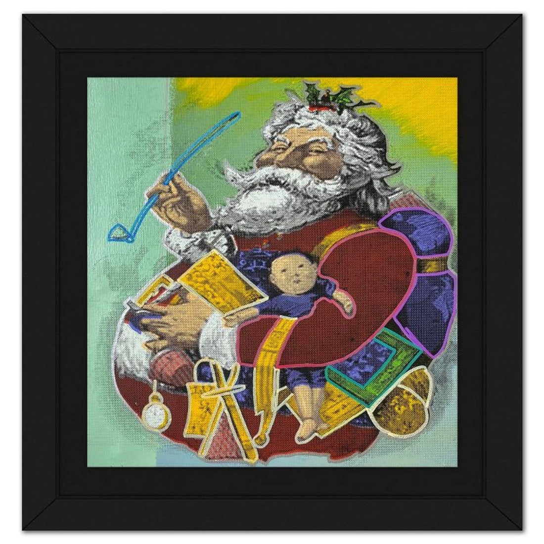 Steve Kaufman (1960-2010), "Old St Nick" Framed Hand Embellished Limited Edition Silscreen, Numbered: Old St Nick is a hand embellished limited edition silkscreen on canvas by Andy Warhol protege, Steve Kaufman (1960-2010), numbered 23/50 inverso and hand signed by the artist. This piece comes custom