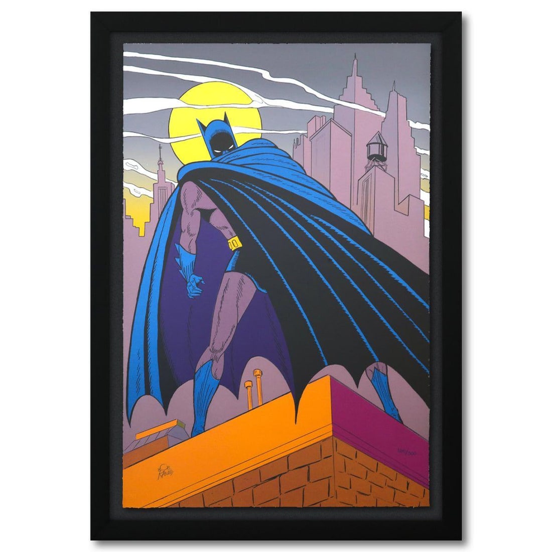 Bob Kane (1915-1998)- Original Lithograph "Batman Over Gotham": Artist: Bob Kane (1915-1998). Medium: Original Lithograph. Title: Batman Over Gotham. Size: 36" x 24". Measures approx. 41" x 29" (framed). Signature: This piece is numbered and hand signed by Bob Kan