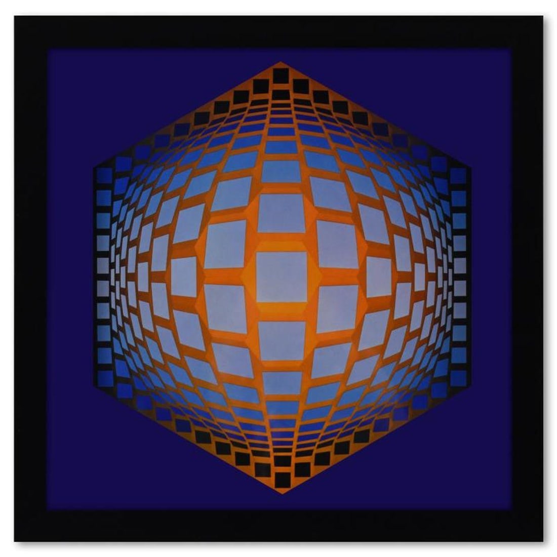 Victor Vasarely (1908-1997), "Tegla - Hat de la serie Structures Universelles De L'Hexagone" Framed: Tegla - Hat de la serie Structures Universelles De L'Hexagone is a heliogravure print on paper, published in 1975, by Victor Vasarely (1908-1997). This piece comes custom framed, with a letter of