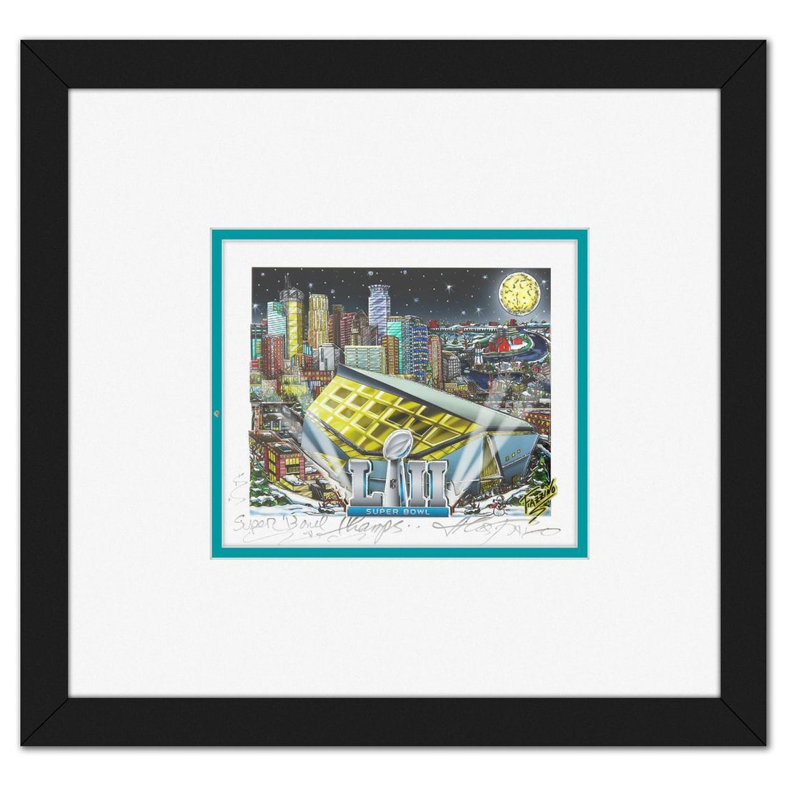 Charles Fazzino- 3D Construction Silkscreen Serigraph "Super Bowl Champs": Artist: Charles Fazzino. Medium: 3D Construction Silkscreen Serigraph. Title: Super Bowl Champs. Size: 5" x 6". Measures approx. 11" x 12" (framed). Signature: Hand signed and numbered. Certificate