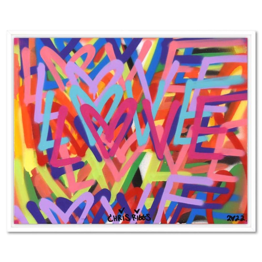 Chris Riggs, "Love" Framed Original Spray Paint Painting on Canvas, Hand Signed with Letter of: Love is an original spray paint painting on canvas by Chris Riggs, hand signed by the artist. This piece comes framed. Includes Letter of Authenticity. Measures approx. 21" x 17" (frame), 20" x 16" (i