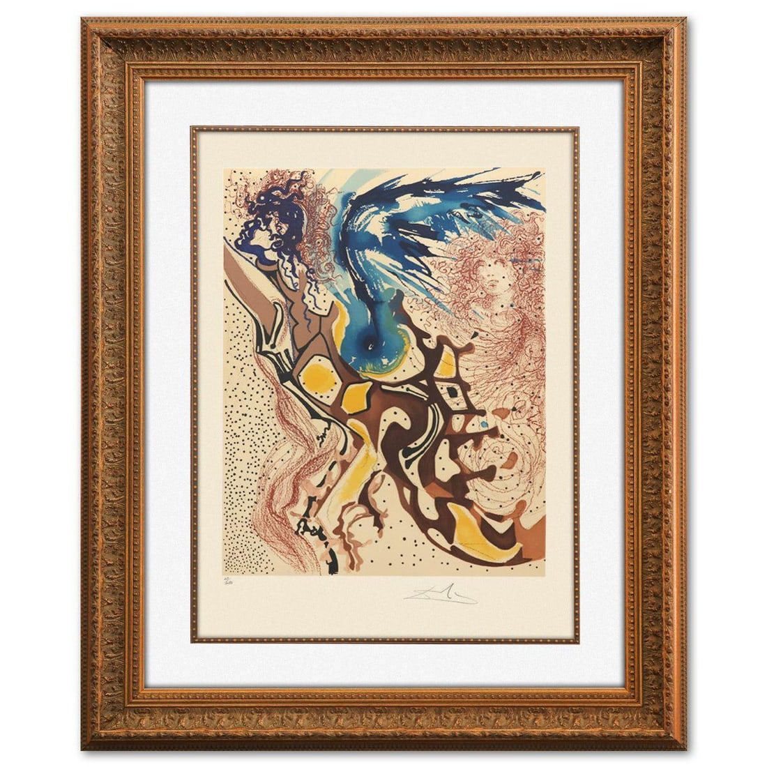 Salvador Dali- Original Lithograph "Angels of the Rebirth": Artist: Salvador Dali. Medium: Original Lithograph. Title: Angels of the Rebirth. Size: 20" x 16". Measures approx. 36" x 30" (framed). Signature: Hand signed and numbered. Certificate of