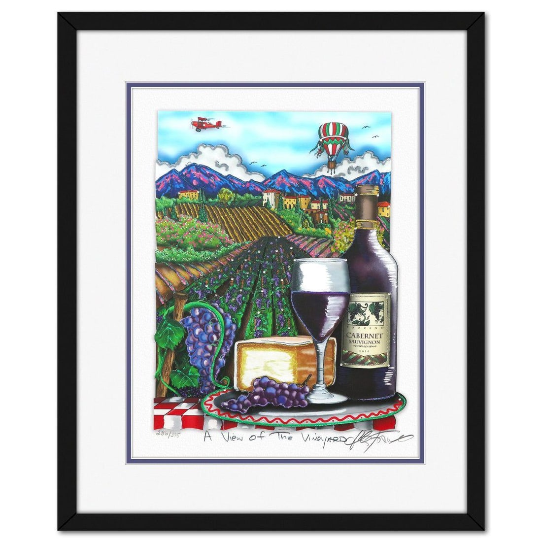 Charles Fazzino- 3D Construction Silkscreen Serigraph "A View of the Vineyard": Artist: Charles Fazzino. Medium: 3D Construction Silkscreen Serigraph. Title: A View of the Vineyard. Size: 16" x 12". Measures approx. 22" x 18" (framed). Signature: Hand Signed and Numbered. Certifi