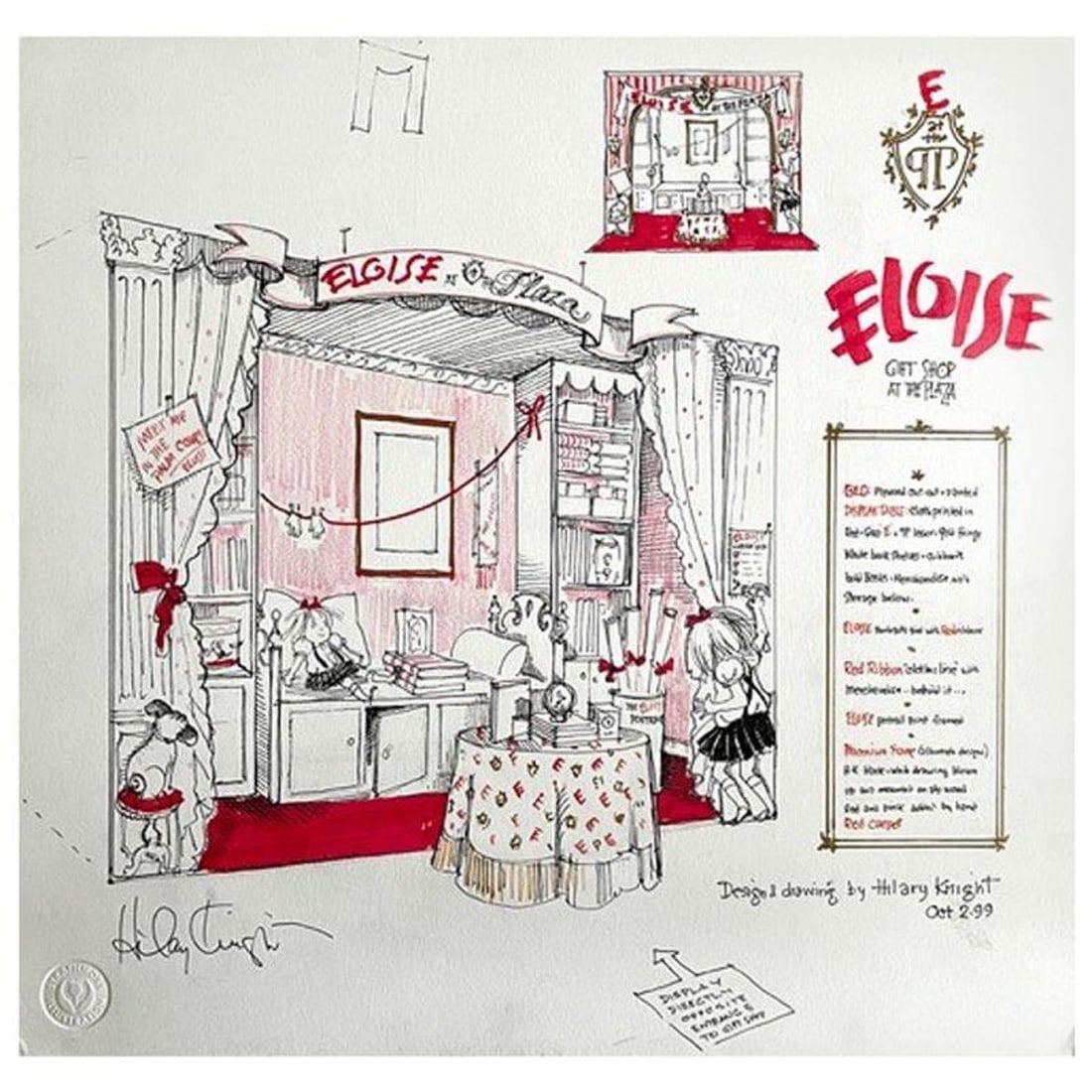 Hilary Knight, "Eloise's Gift Shop" Hand Signed Original Art with Letter of Authenticity.: Eloise's Gift Shop is an original drawing on art board by Hilary Knight featuring the title character from the classic children's book series, Eloise. This detailed piece was created as a design for t