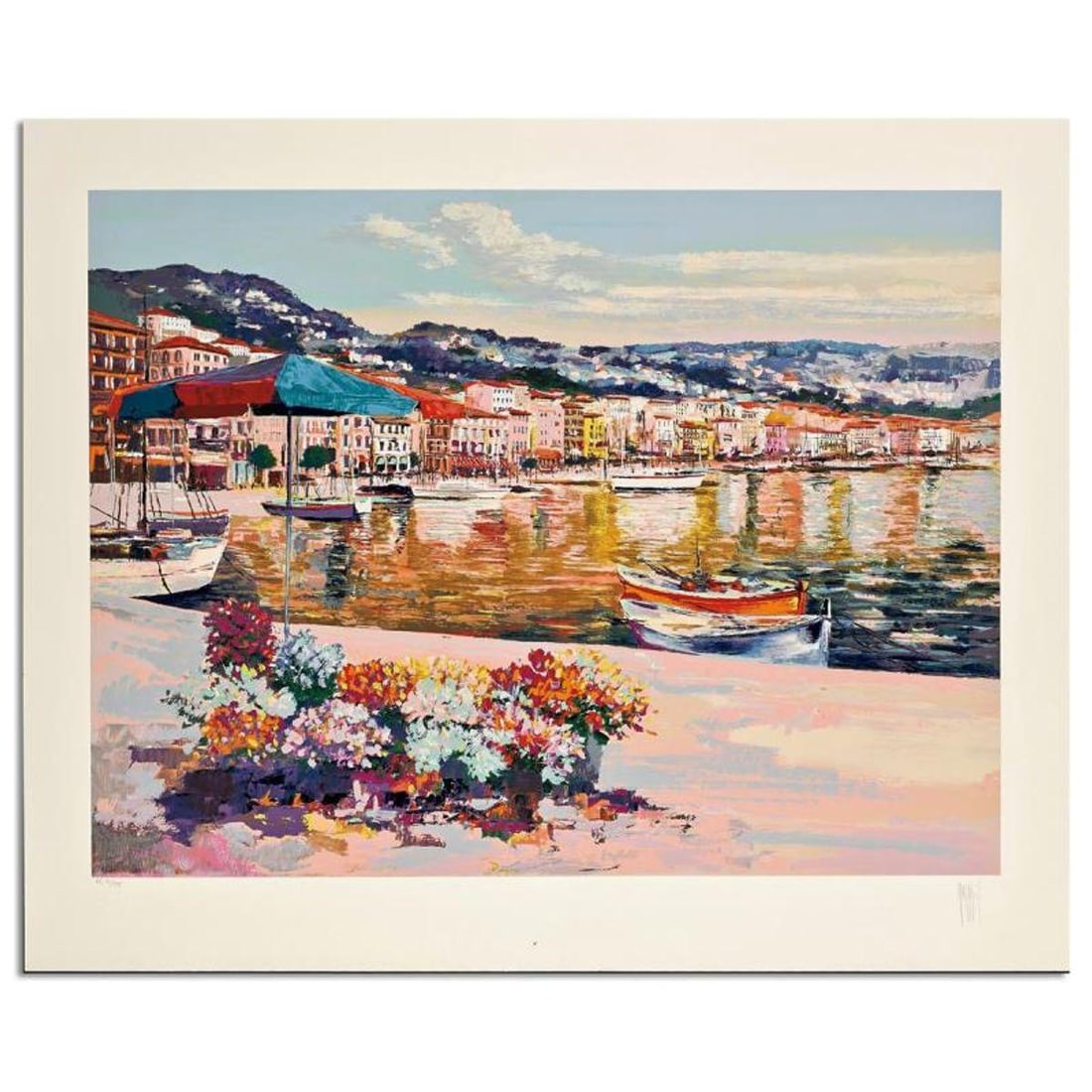 Mark King (1931-2014), "Promenade At Nice" Hand Signed Limited Edition Serigraph with Letter of: Promenade At Nice is a limited edition serigraph on paper by Mark King (1931-2014). Hand signed and numbered, this piece comes with a letter of authenticity and measures approximately 29" x 38.5" (ima