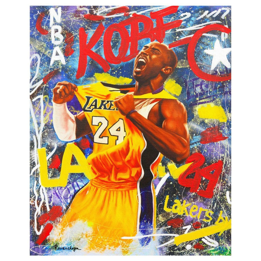 Nastya Rovenskaya- Original Mixed Media on Canvas "Kobe Bryant": Artist: Nastya Rovenskaya. Medium: Original Mixed Media on Canvas. Title: Kobe Bryant. Size: 20" x 16". Signature: Hand Signed by the artist. Certificate of Authenticity: From the publisher. Reference