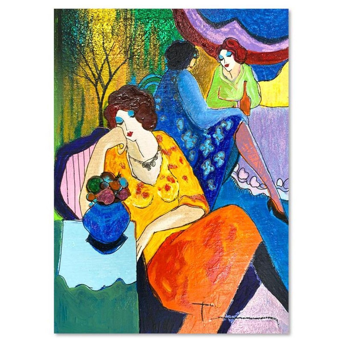 Itzchak Tarkay (1935-2012), "Quiet Afternoon" One-of-a-Kind Mixed Media Over Paint on Wood, Hand (1 of 2)