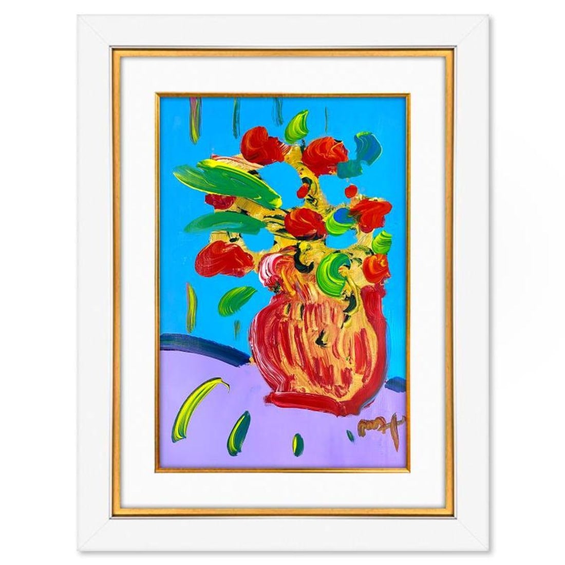 Peter Max, "Abstract Flower" Framed One-of-a-Kind Mixed Media, Hand Signed with Registration Number: Abstract Flower is a one-of-a-kind mixed media on paper, hand signed by Peter Max. The piece comes custom framed with a backside cutout to display Peter Max Studio registration number 230068 certifyin