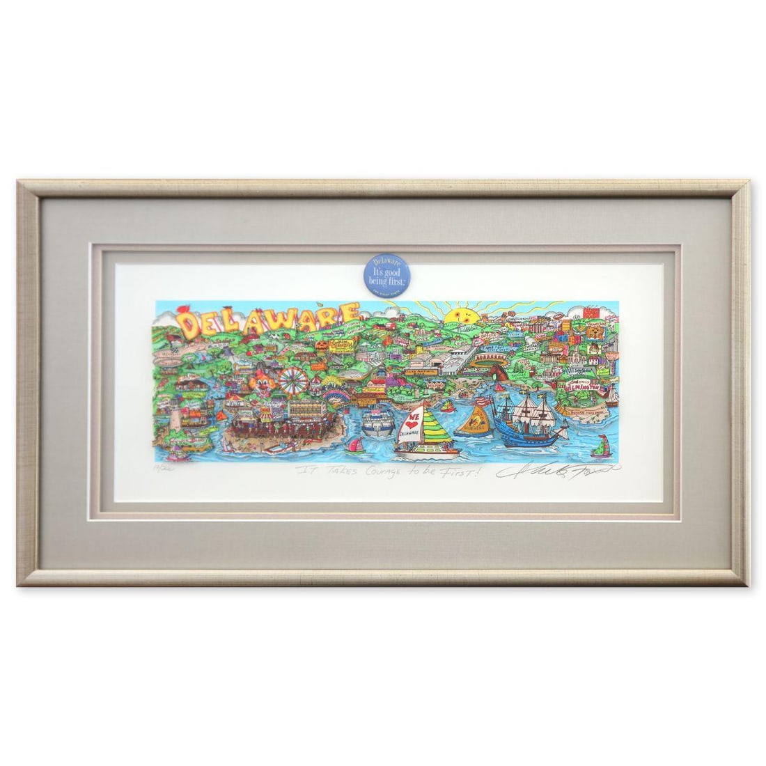 Charles Fazzino- 3D Construction Silkscreen Serigraph "It Takes Courage to be First!": Artist: Charles Fazzino. Medium: 3D Construction Silkscreen Serigraph. Title: It Takes Courage to be First!. Size: 9" x 20". Measures approx. 16" x 27" (framed). Signature: Hand Signed and numbered. C