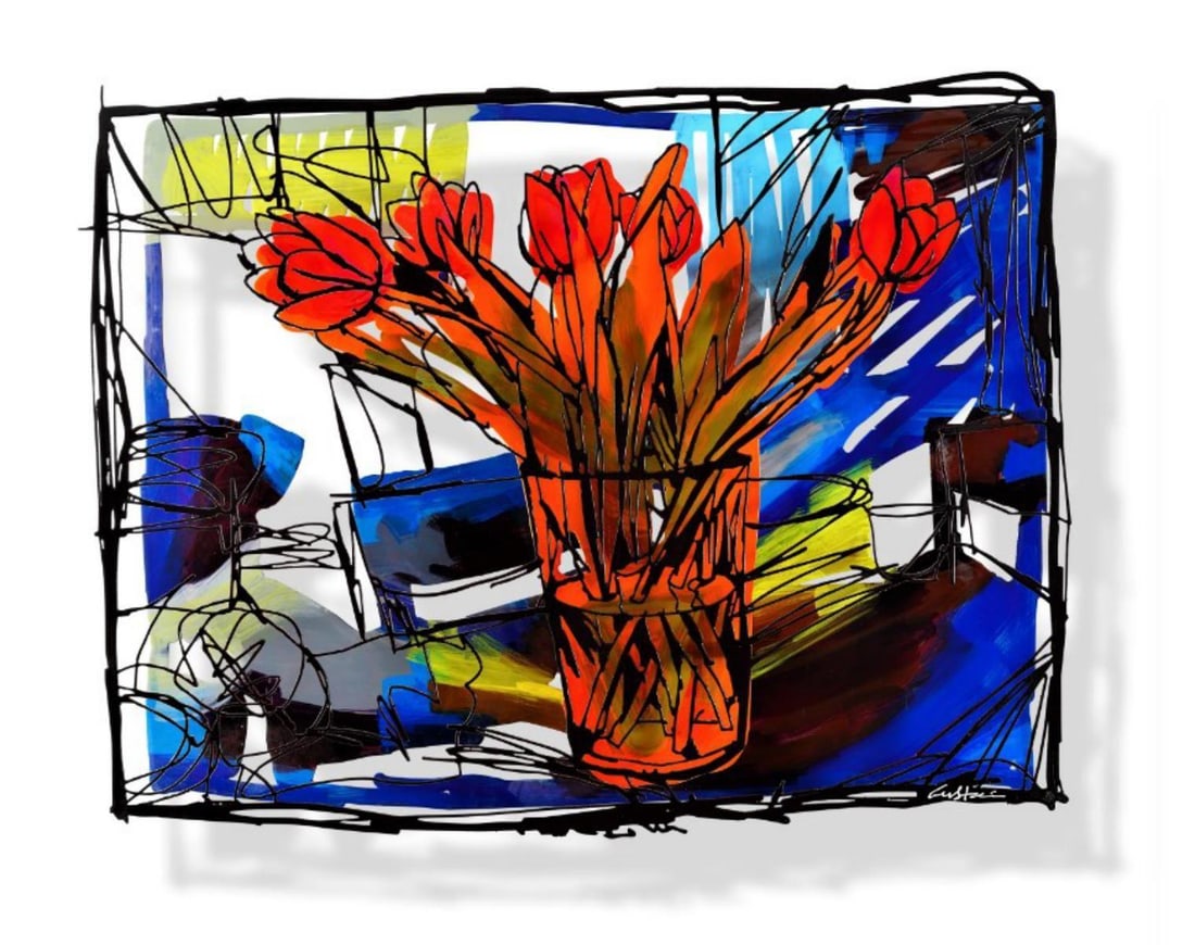 David Gerstein- Mixed Media Cutout Aluminum "Family table (Tulips)": Artist: David Gerstein. Medium: Mixed Media Cutout Aluminum. Title: Family table (Tulips). Size: 24" x 18". Signature: Signed and numbered. Certificate of Authenticity: Is included. Additional: