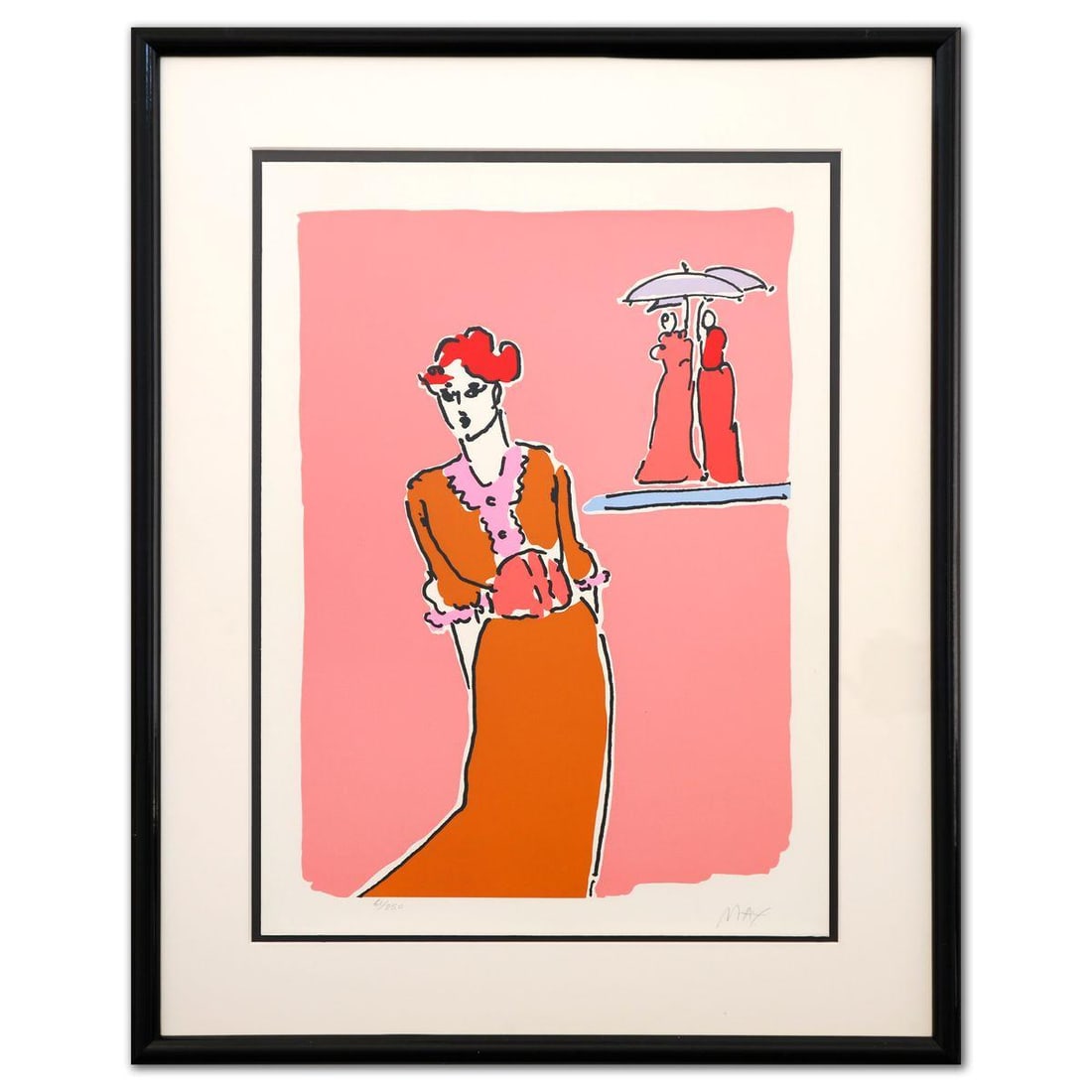 Peter Max- Lithograph in color "Two With Umbrellas": Artist: Peter Max. Medium: Lithograph in color. Title: Two With Umbrellas. Size: 30" x 22". Measures approx. 40" x 32" (framed). Signature: Hand signed and numbered. Certificate of Authenticity: Is in