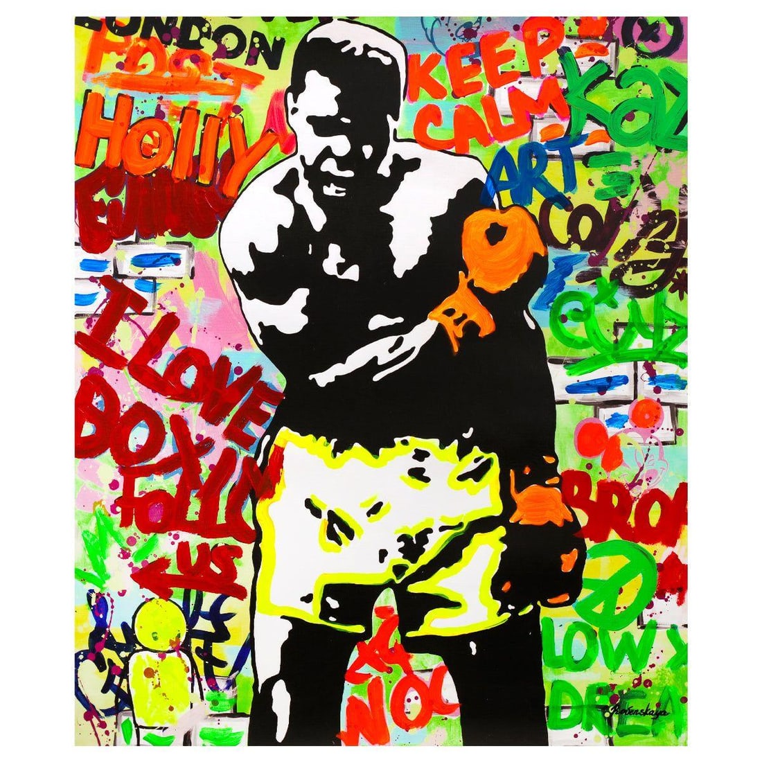 Nastya Rovenskaya- Mixed Media "Muhammad Ali": Artist: Nastya Rovenskaya. Medium: Mixed Media. Title: Muhammad Ali. Size: 40" x 30". Signature: Hand signed. Certificate of Authenticity: Is included. Reference#: 58223.