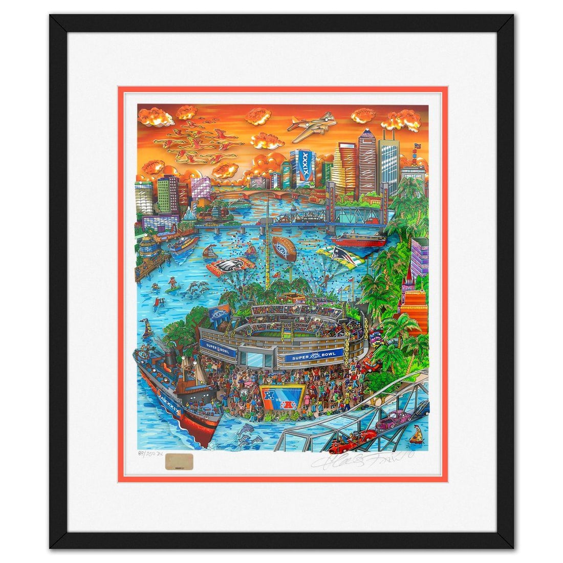 Charles Fazzino- 3D Construction Silkscreen Serigraph "Super Bowl": Artist: Charles Fazzino. Medium: 3D Construction Silkscreen Serigraph. Title: Super Bowl. Size: 17" x 14". Measures approx. 23" x 20" (framed). Signature: Hand signed and numbered. Certificate of Auth