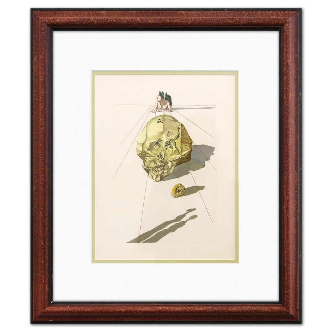 Salvador Dali- Original Color Woodcut on B.F.K. Rives Paper "Inferno 23": Artist: Salvador Dali. Medium: Original Color Woodcut on B.F.K. Rives Paper. Title: Inferno 23. Size: 13" x 10". Measures approx. 21" x 18" (framed). Certificate of Authenticity: Is included. Addition