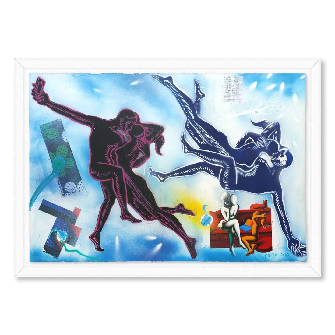 Mark Kostabi- Original Mixed Media on Paper "Echos of Tomorrow": Artist: Mark Kostabi. Medium: Original Mixed Media on Paper. Title: Echos of Tomorrow. Size: 30" x 44". Measures approx. 35" x 49" (framed). Signature: Hand Signed by the artist. Certificate of Authen