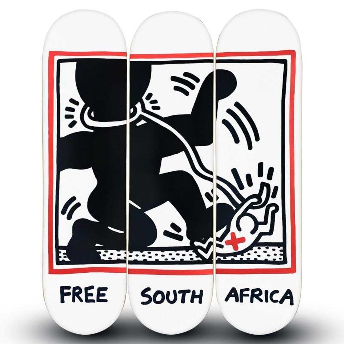Keith Haring (1958-1990), "Free South Africa" Skateboard Triptych Set, Plate Signed with Letter of: Free South Africa is a skateboard triptych set by Keith Haring (1958-1990), bearing the plate signature of the artist inverso. Includes Letter of Authenticity. Measures approx. 32" x 24" (skateboards)