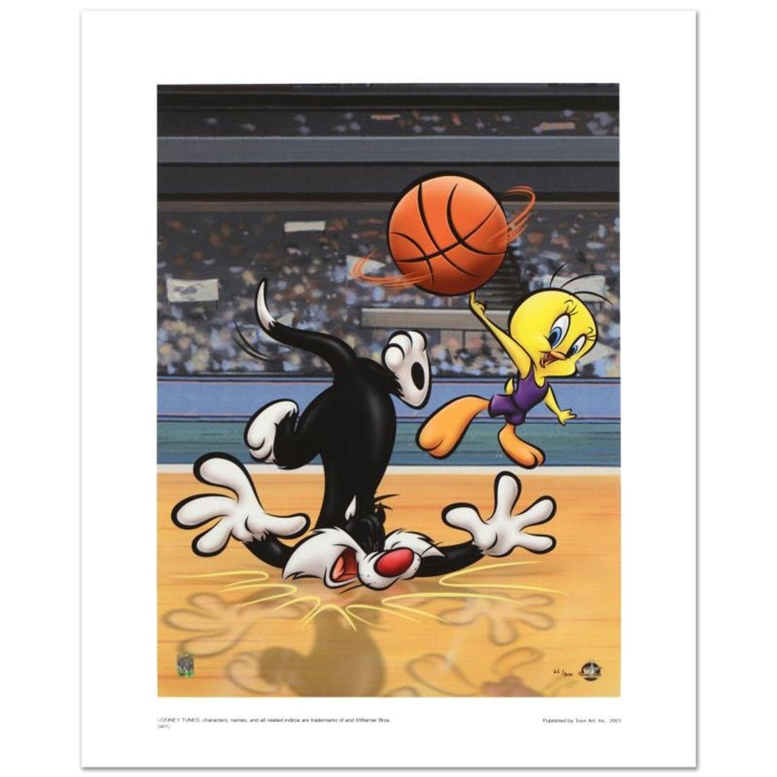 Sylester & Tweety Basketball Limited Edition Giclee from Warner Bros., Numbered with Hologram Seal: Sylester & Tweety Basketball is a limited edition giclee on paper from Warner Bros., numbered with hologram seal of Authenticity. Also, includes Certificate of Authenticity! Measures approx. 16" x 20"