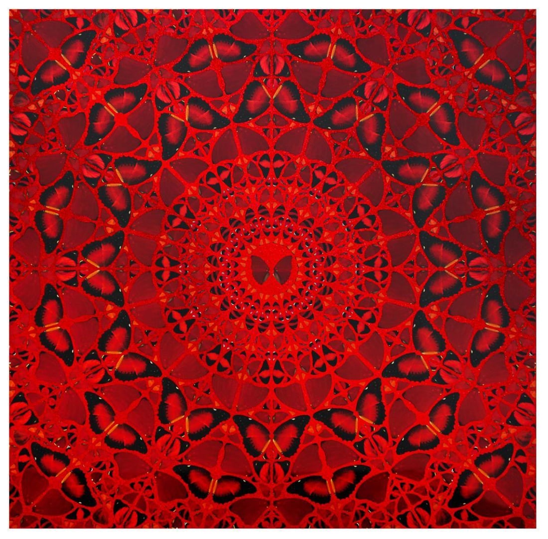 Damien Hirst- Laminated Giclee print on aluminium composite, screen printed with glitter "H10-4: Artist: Damien Hirst. Medium: Laminated Giclee print on aluminium composite, screen printed with glitter. Title: H10-4 Suiko. Size: 39.5" x 39.5". Signature: Signed and numbered on the label. Certific