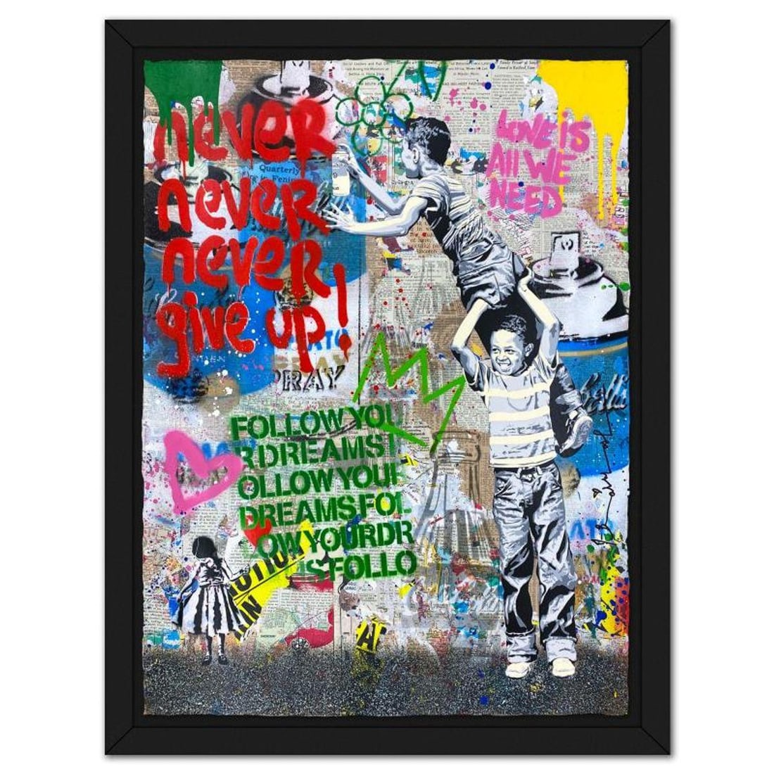 Mr. Brainwash, "Never, Never Give Up!" Framed Mixed Media Original, Hand Signed with Certificate of: Never, Never Give Up! is a mixed media original on deckle edge paper by Mr Brainwash, Hand Signed and thumbprinted inverso by the artist. This piece comes framed. Includes Certificate of