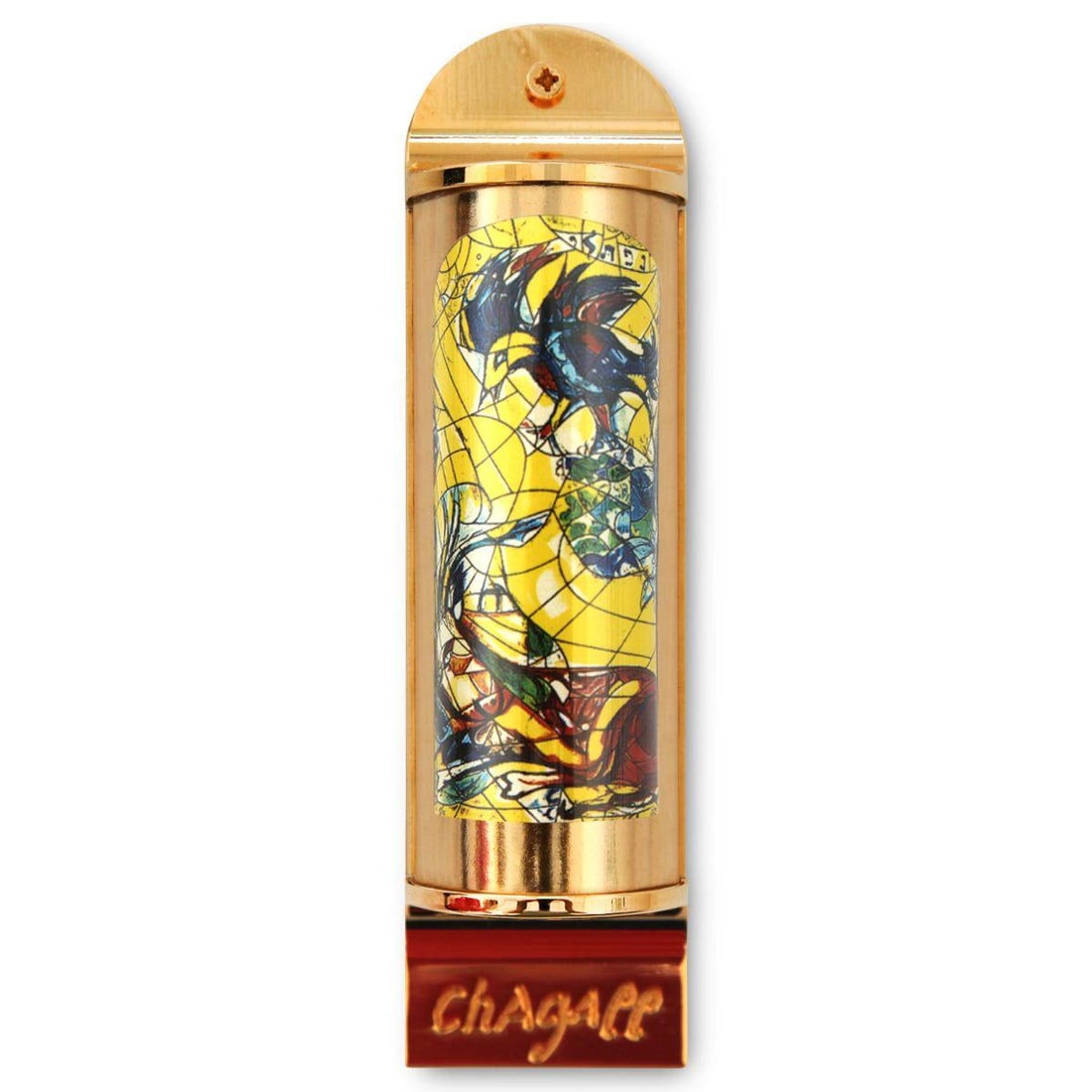 Marc Chagall- Mezuzah/ Silkscreen on 24K gold plated bronze "Naphtali": Artist: Marc Chagall. Medium: Mezuzah/ Silkscreen on 24K gold plated bronze. Title: Naphtali. Size: 5.1" x 1.4". Certificate of Authenticity: Is included. Additional: Limited edition of 1800. Full col