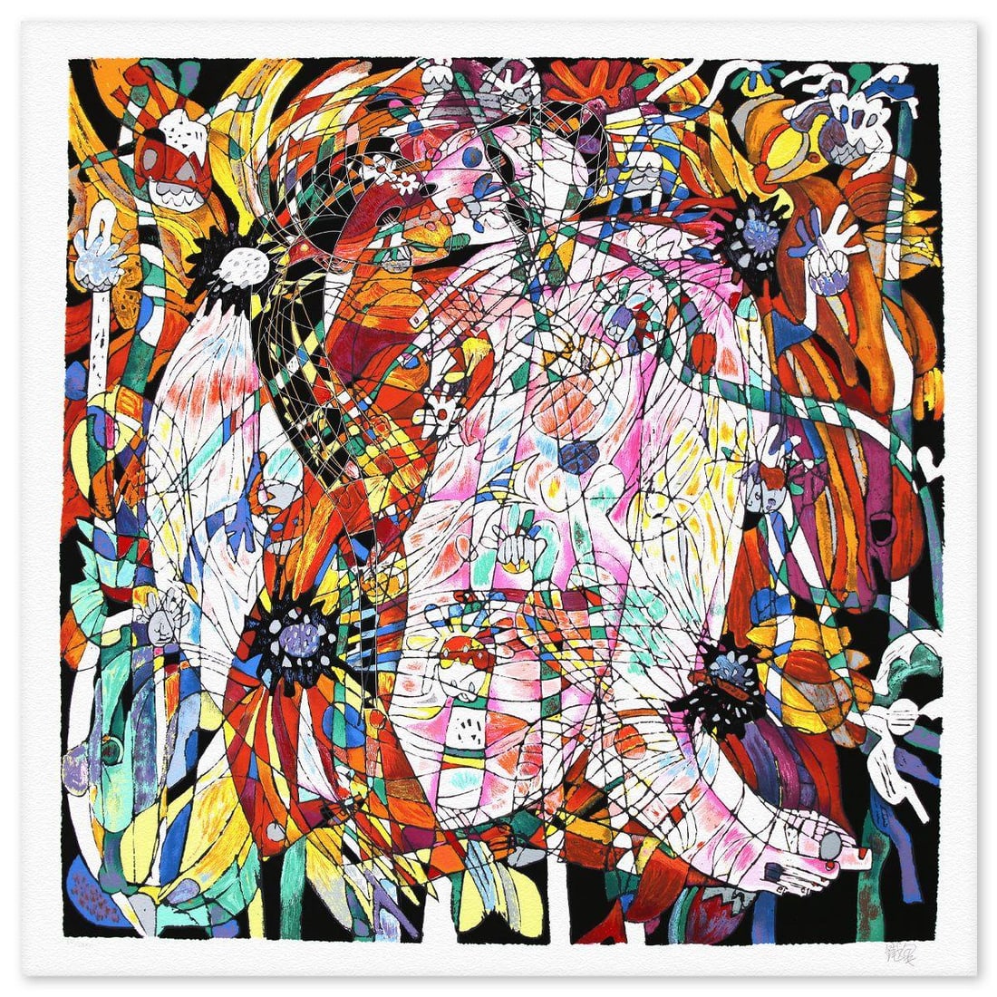 Jian Tie Feng- Silkscreen "Blossoming Flowers": Artist: Jian Tie Feng. Medium: Silkscreen. Title: Blossoming Flowers. Size: 44" x 43". Signature: Hand Signed and Numbered. Reference#: 80537.