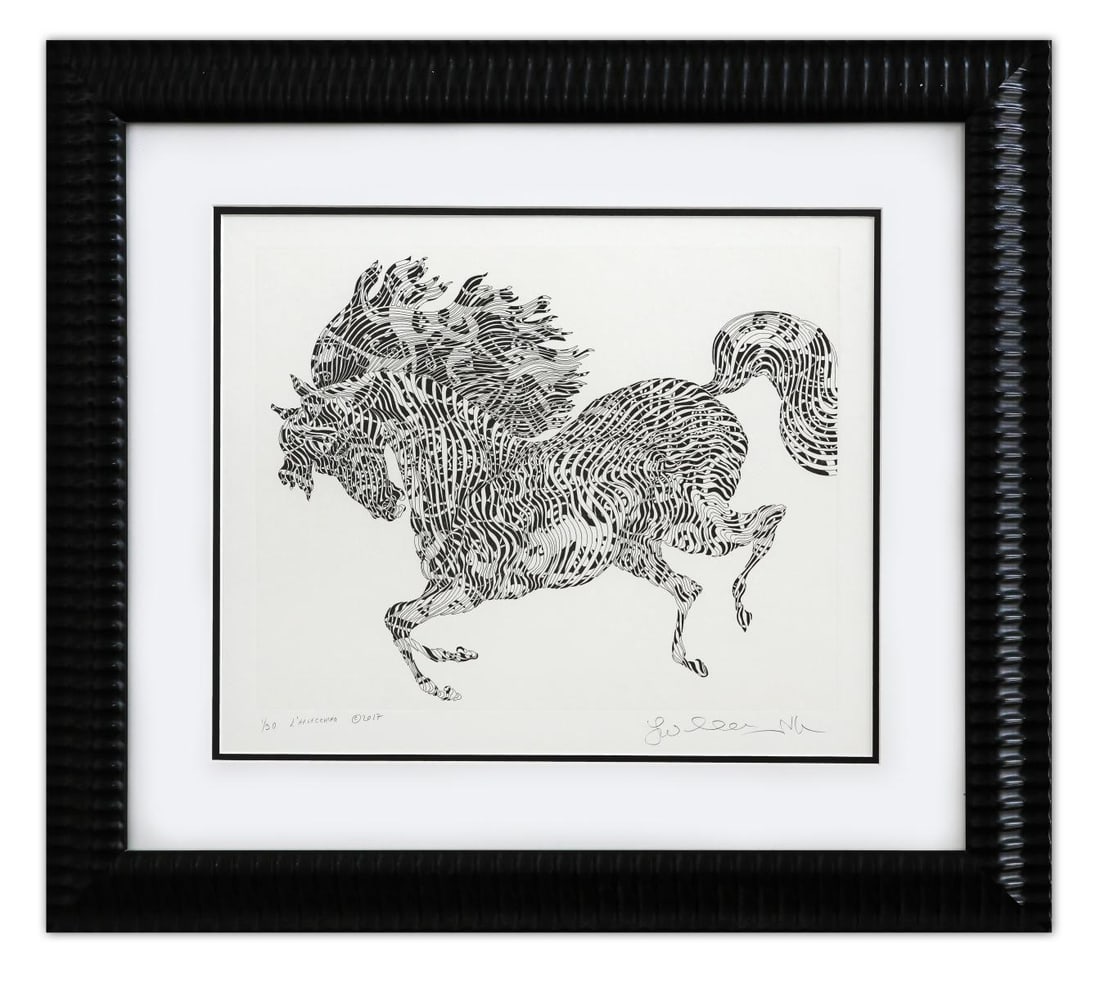 Guillaume Azoulay- Original Etching "L'ARLECCHINO": Artist: Guillaume Azoulay. Medium: Original Etching. Title: L'ARLECCHINO. Size: 16" x 19". Measures approx. 26" x 30" (framed). Signature: Hand Signed by the artist. Certificate of Authenticity: is in