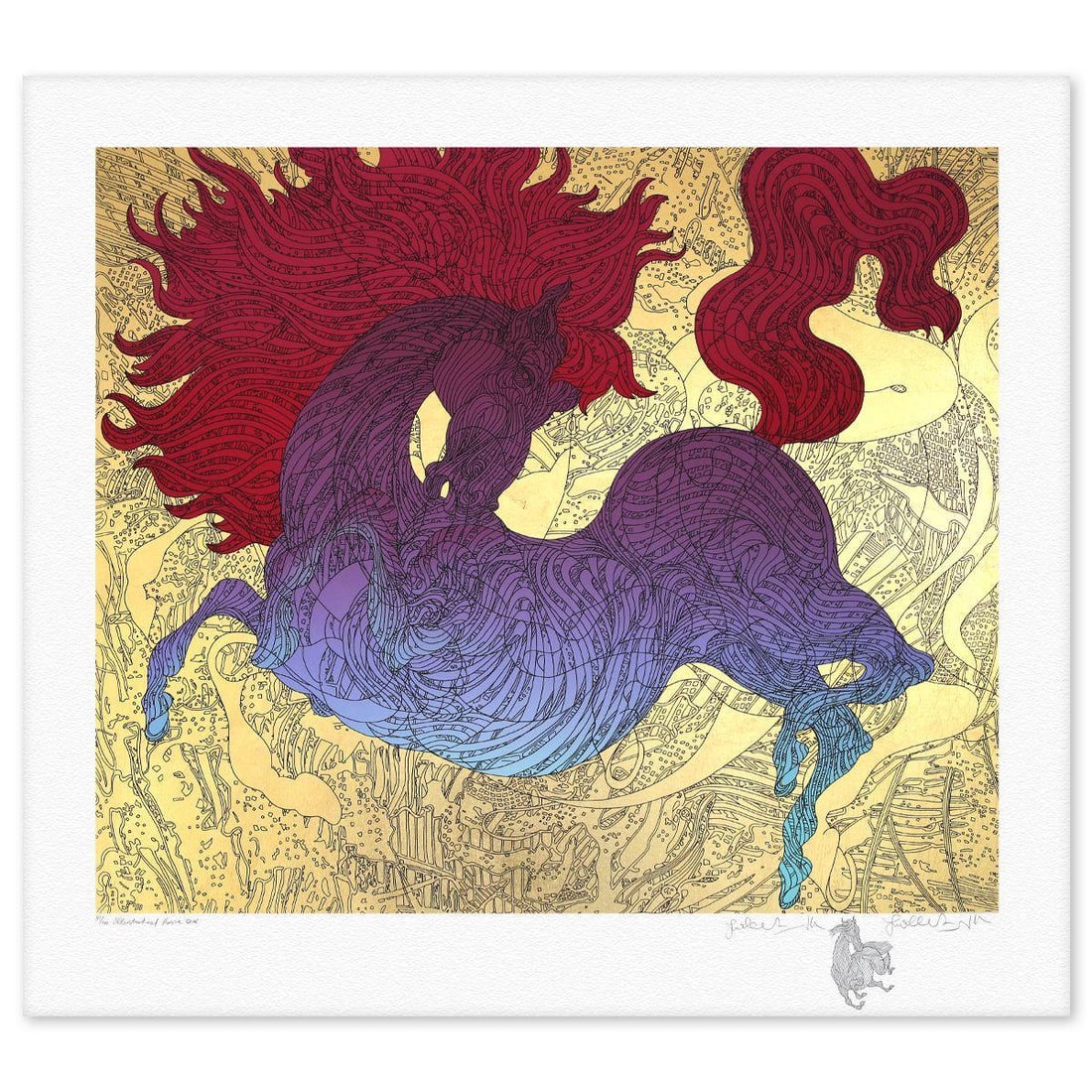 Guillaume Azoulay- Gold Leaf Serigraph "Le Cheval Ilustre": Artist: Guillaume Azoulay. Medium: Gold Leaf Serigraph. Title: Le Cheval Ilustre. Size: 34" x 38". Signature: Hand Signed and Numbered. Certificate of Authenticity: Is included. Reference#: 81537.