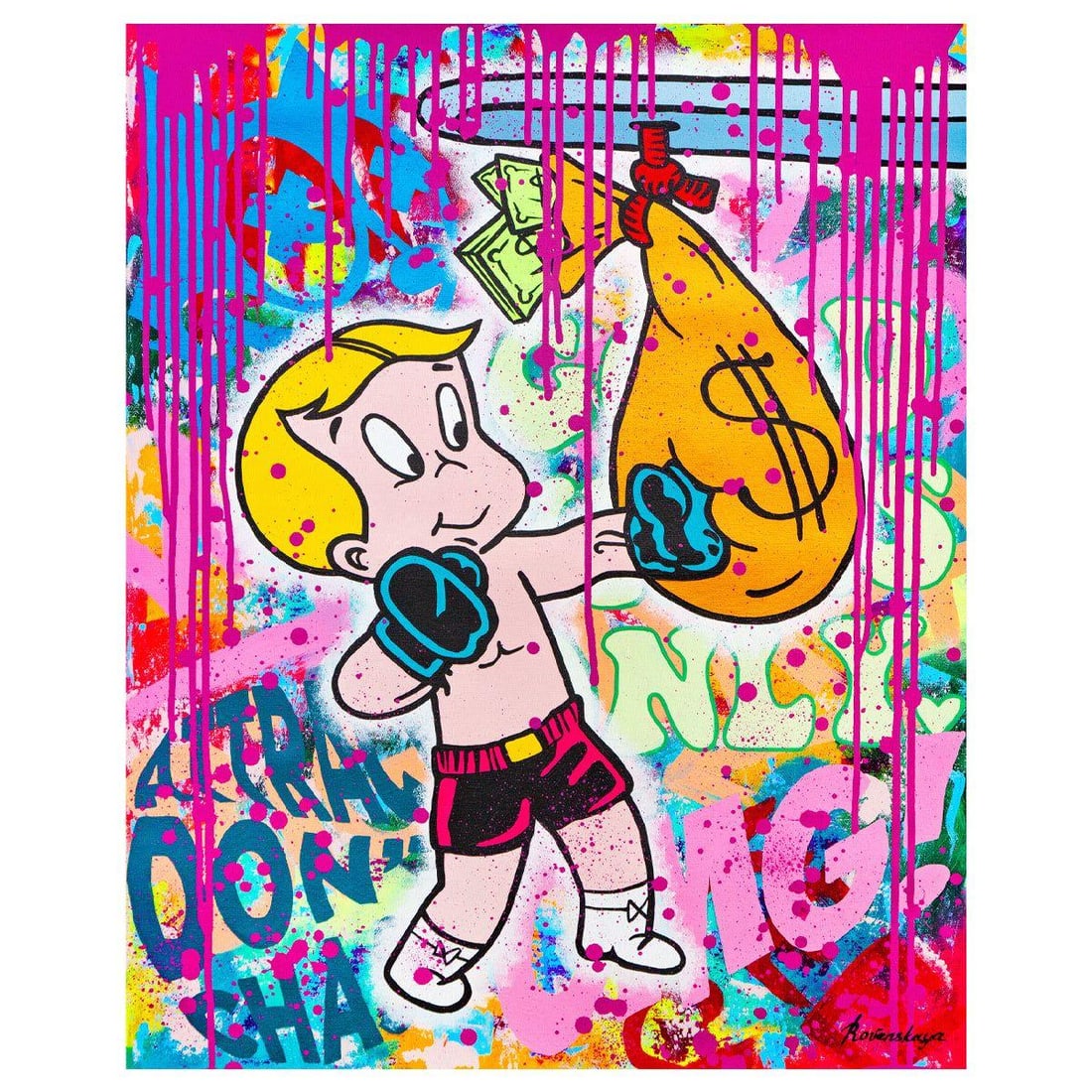 Nastya Rovenskaya- Original Oil on Canvas "Olive Goes Luxe": Artist: Nastya Rovenskaya. Medium: Original Oil on Canvas. Title: Olive Goes Luxe. Size: 30" x 24". Signature: Hand signed. Certificate of Authenticity: Is included. Reference#: 83721.