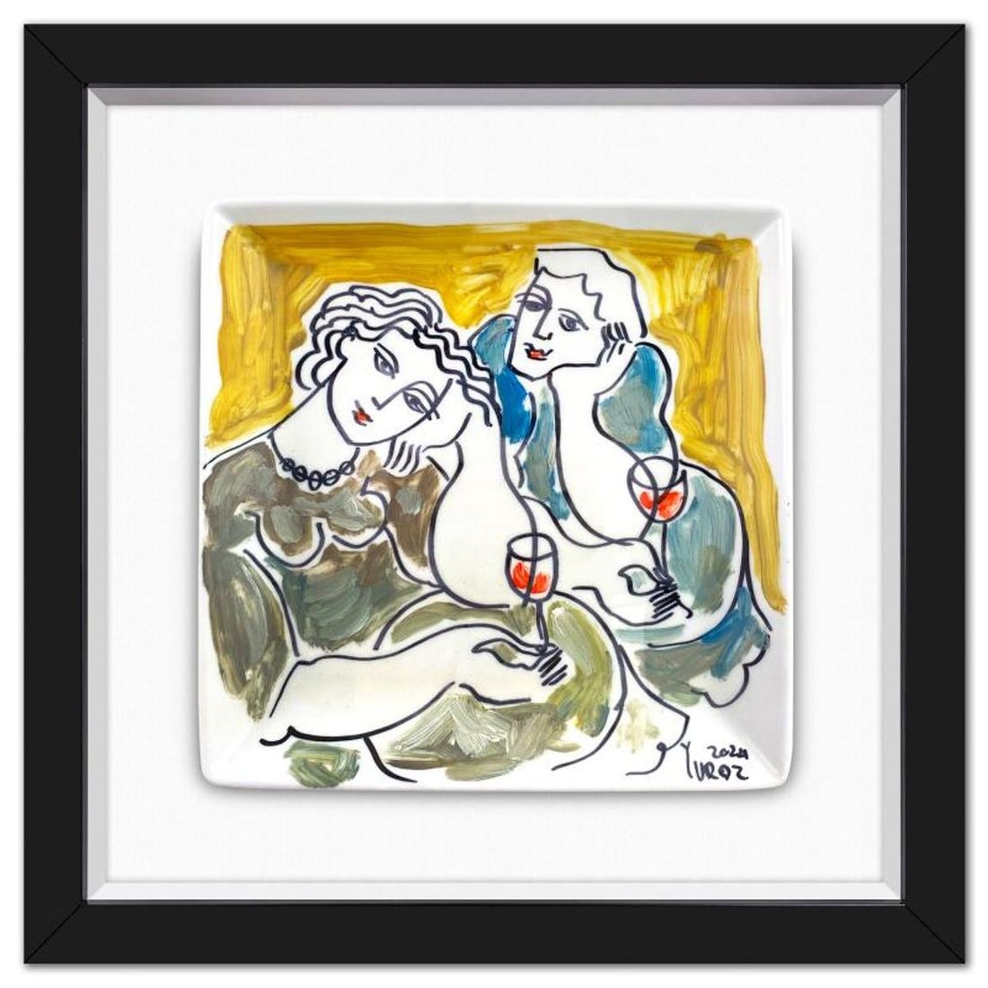 Yuroz, Framed Hand Painted Ceramic Plate, Hand Signed with Letter of Authenticity.: This is a hand painted ceramic plate by Yuroz, hand signed by the artist. This piece comes custom framed floated on linen. Includes Letter of Authenticity. Measures approx. 15.5" x 15.5" (frame), 10"