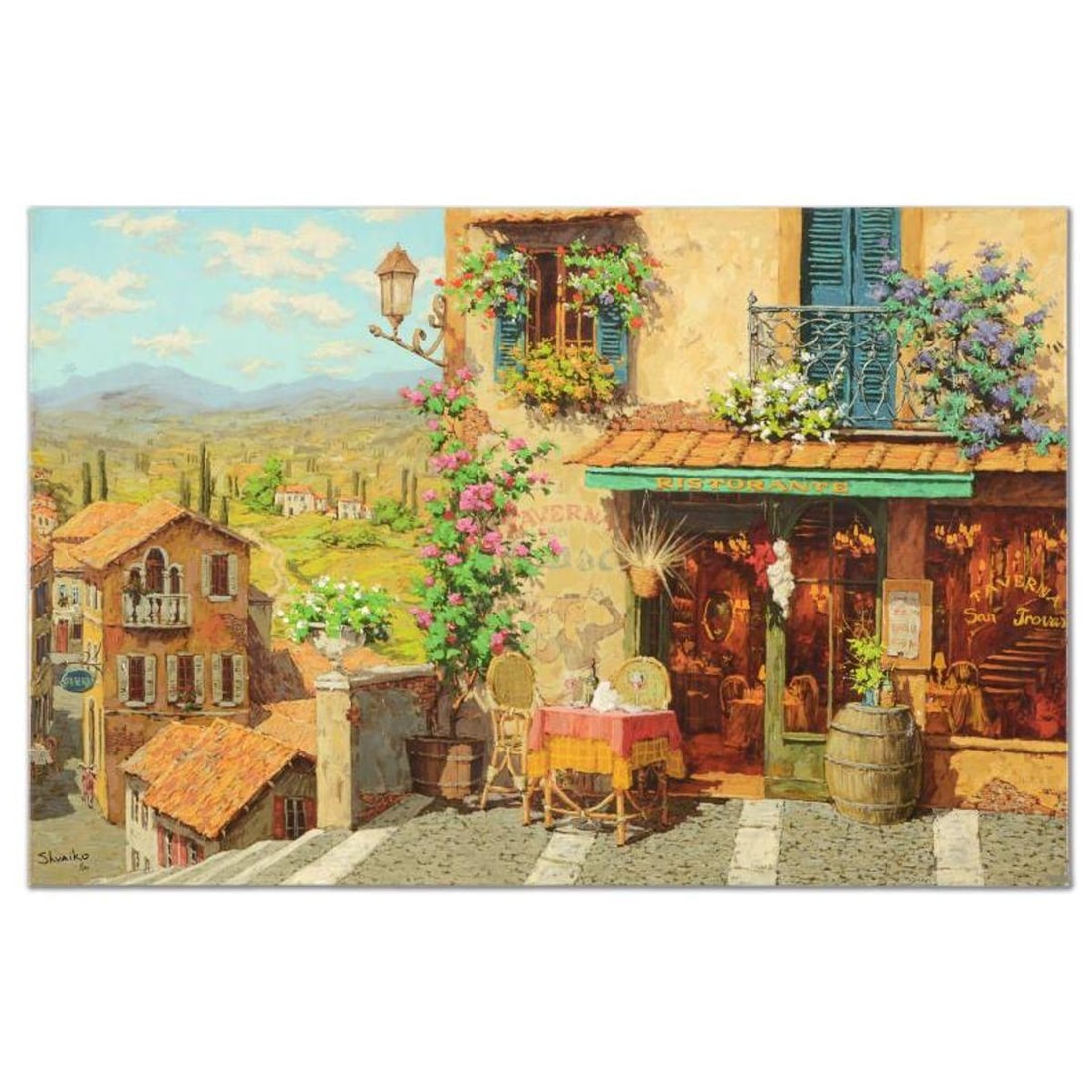 Viktor Shvaiko, "San Trovaro Taverna" Hand Embellished Limited Edition on Canvas, Numbered and Hand: San Trovaro Taverna is a hand embellished limited edition giclee on stretched canvas by Viktor Shvaiko, numbered and hand signed by the artist. Includes Letter of Authenticity. Measures approx. 40" x
