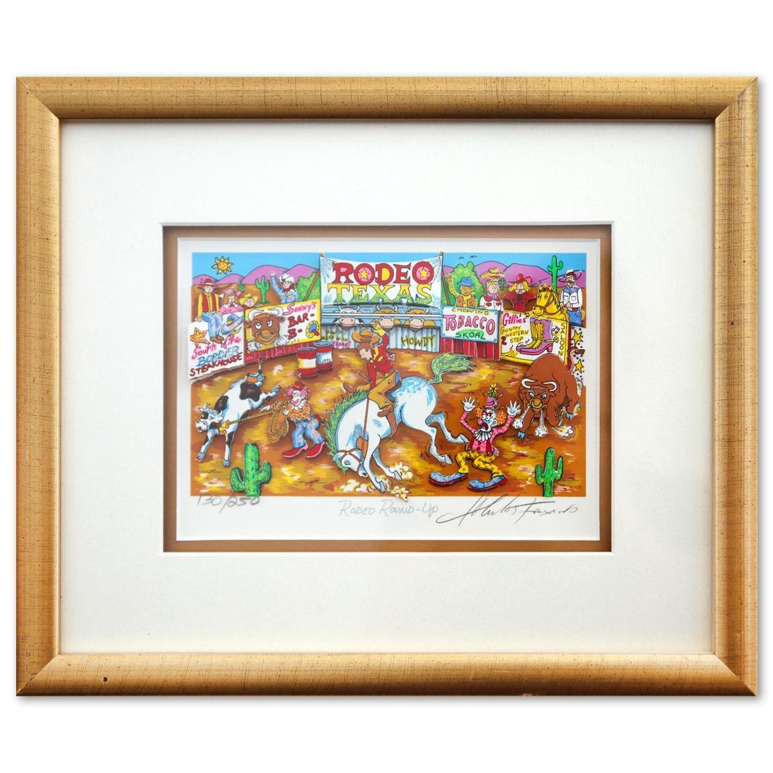 Charles Fazzino- 3D Construction Silkscreen Serigraph "Rodeo Round-Up": Artist: Charles Fazzino. Medium: 3D Construction Silkscreen Serigraph. Title: Rodeo Round-Up. Size: 6" x 8". Measures approx. 11" x 14" (framed). Signature: Hand Signed and numbered. Certificate of Au