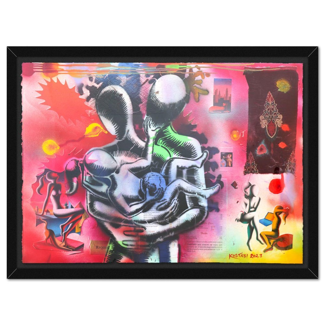Mark Kostabi- Original Mixed Media on Paper "The Next Generation": Artist: Mark Kostabi. Medium: Original Mixed Media on Paper. Title: The Next Generation. Size: 29" x 42". Measures approx. 35" x 47" (framed). Signature: Hand signed. Certificate of Authenticity: Is i