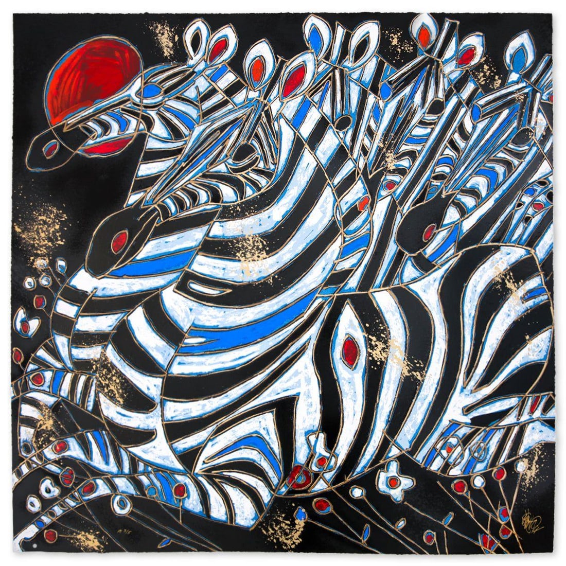 Jian Tie Feng- Silkscreen "Imperial Zebras": Artist: Jian Tie Feng. Medium: Silkscreen. Title: Imperial Zebras. Size: 36" x 36". Signature: Hand Signed and Numbered. Reference#: 80529.