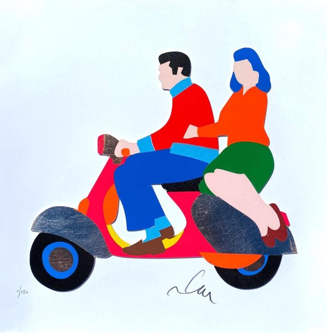 Marco Lodola- Original Serigraph on Paper with golden leaf "LOVE IN VESPA": Artist: Marco Lodola. Medium: Original Serigraph on Paper with golden leaf. Title: LOVE IN VESPA. Size: 16" x 16". Signature: Hand Signed and Numbered by the Artist. Certificate of Authenticity: Is