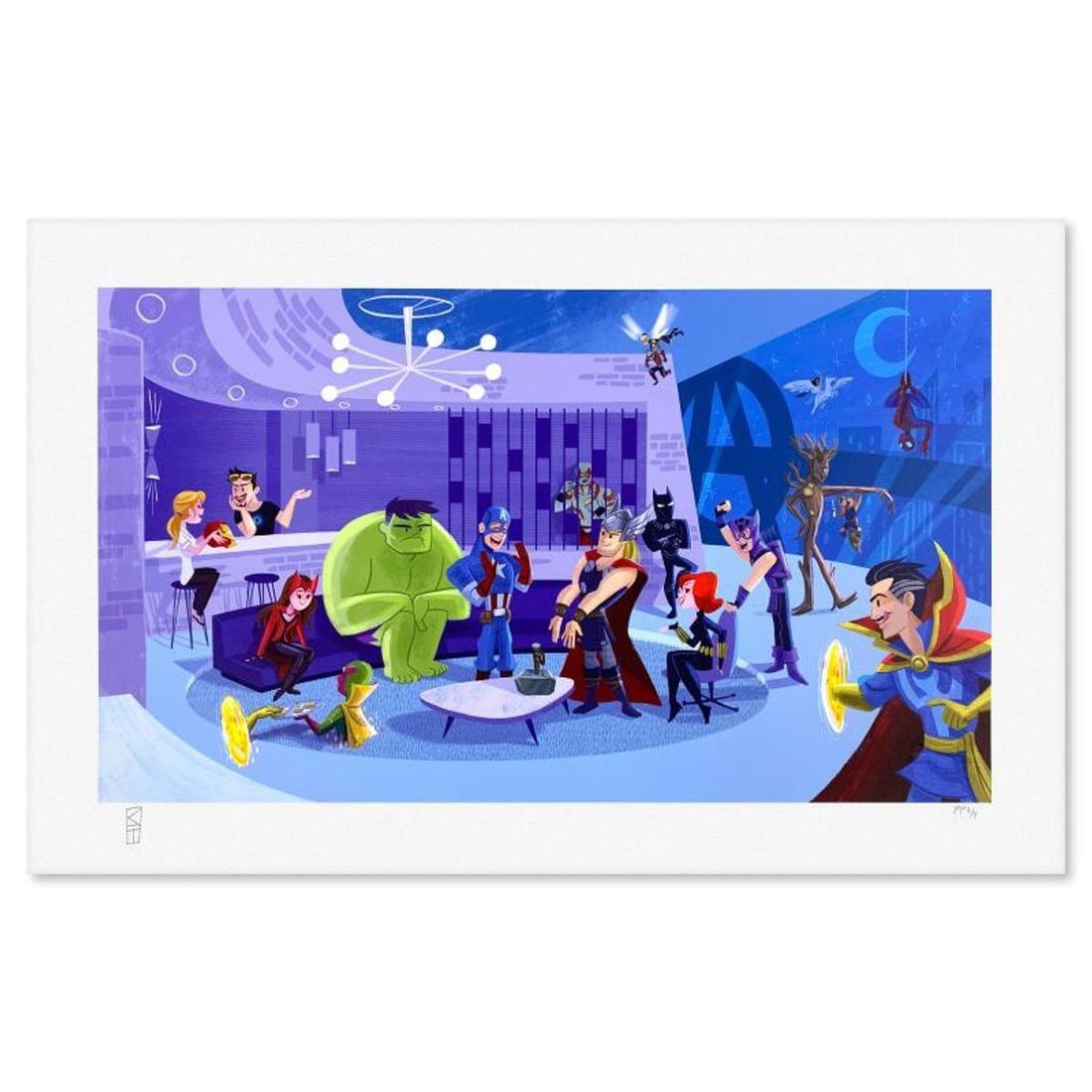 Marvel Comics & Kat Hudson, "Party at Avengers Tower" Limited Edition, PP Numbered 3/4 and Signed: Party at Avengers Tower is a limited edition giclee on paper from Marvel Comics and Kat Hudson, PP numbered 3/4 and bearing the authorized signature of the artist. Includes Letter of Authenticity. Mea