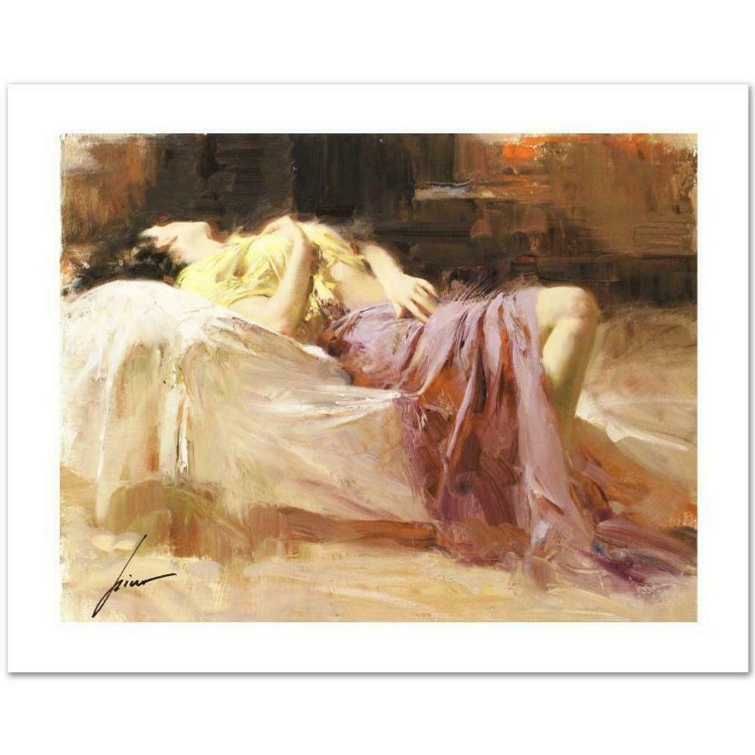 Pino (1939-2010), "Afternoon Repose" Hand Signed Limited Edition with Certificate of Authenticity.: Afternoon Repose is a limited edition giclee on paper by Pino (1939-2010), numbered and hand signed by the artist. Includes Certificate of Authenticity. Measures approximately 14" x 18" (image). Refer