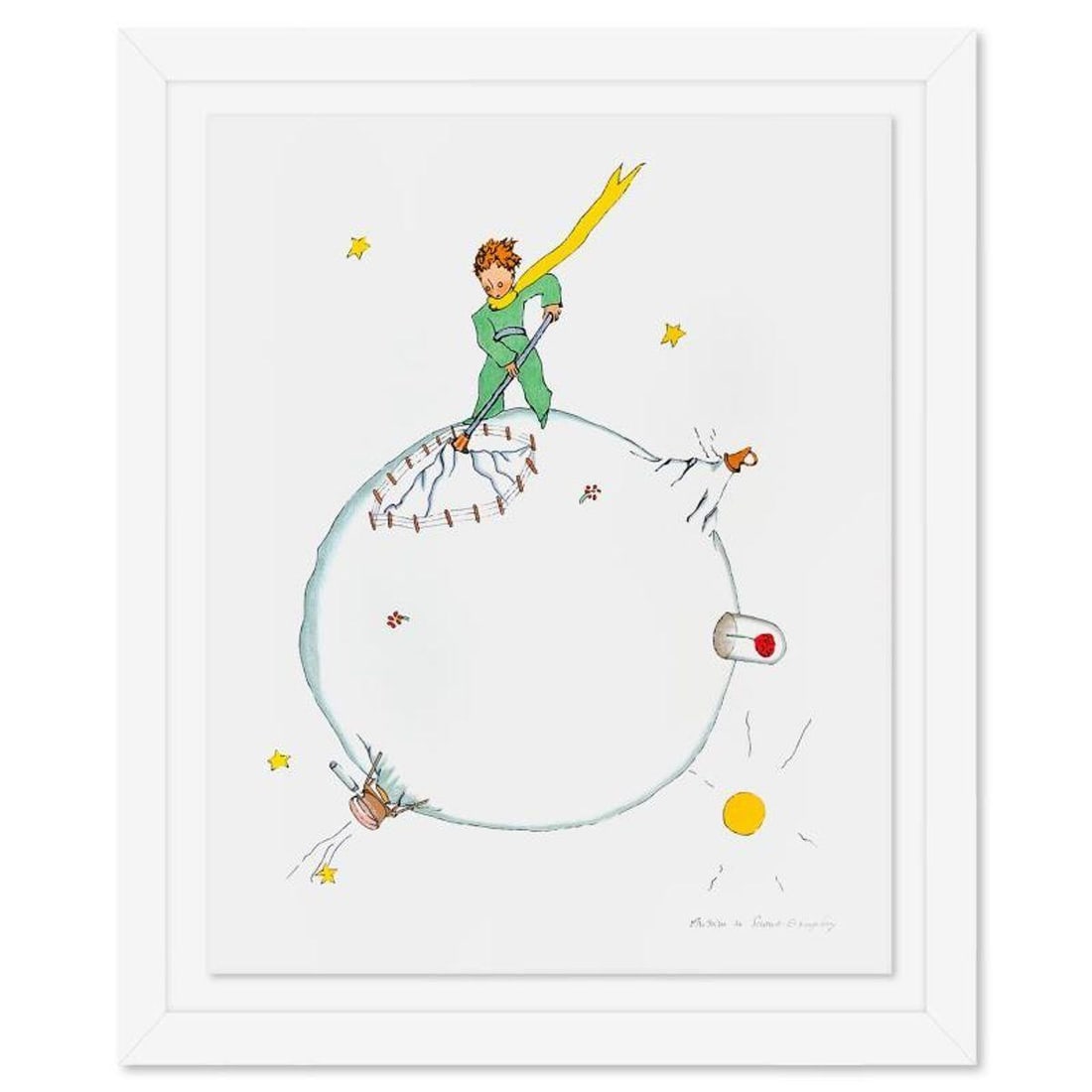 Antoine de Saint-Exupery 1900-1944 (After), "The Little Prince's Volcano" Framed Limited Edition: The Little Prince's Volcano is a limited edition lithograph by Antoine de Saint-Exupery (1900-1944), bearing the plate signature of the artist. This piece comes from an edition of 300 authorized by